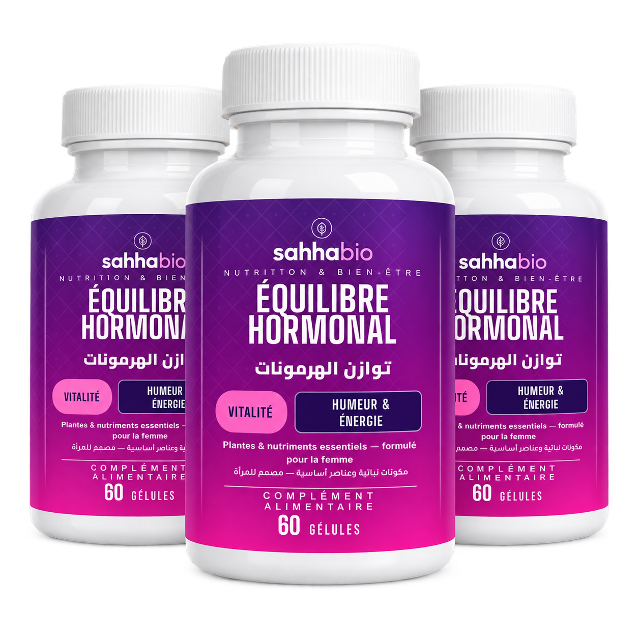 ثلاث عبوات من SahhaBio Équilibre Hormonal